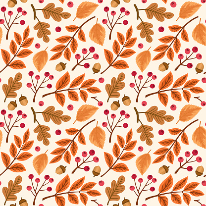 Fall leaves, ash berries and oak acorns, autumn foliage seamless vector pattern, decorative wallpaper, textile print, floral background.