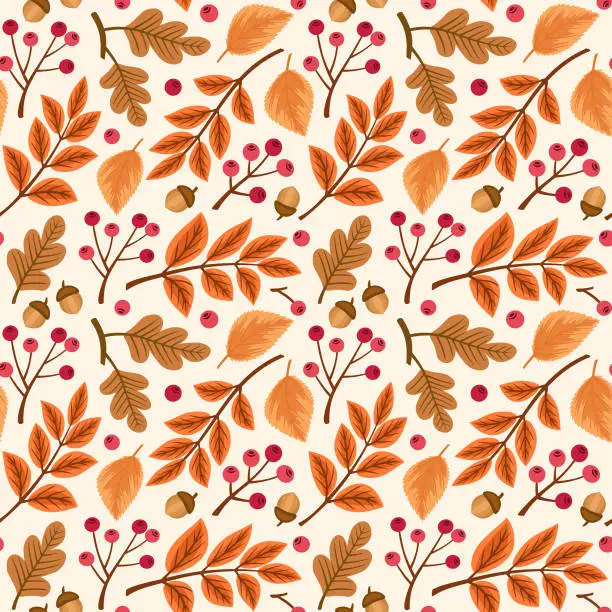 Vector illustration of Fall leaves, ash berries and oak acorns, autumn foliage seamless vector pattern