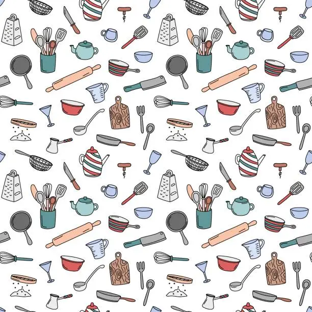 Vector illustration of Kitchen doodles pattern. Kitchenware elements vector background. Cute doodle illustrations of cooking utensils