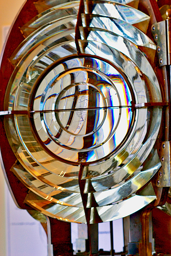 Close-up view of a historic fresnel lens previously used in a lighthouse on the Chesapeake Bay on Maryland’s Eastern Shore.