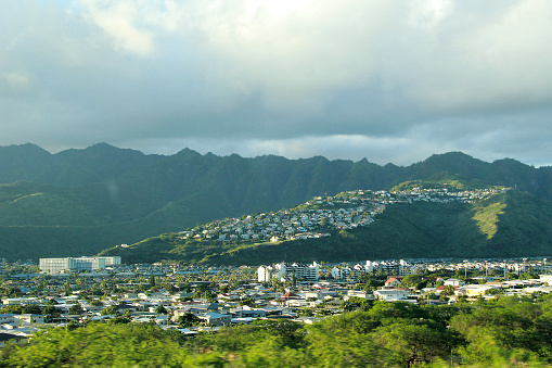 View of Hawaii Kai, a largely residential area located in the City & County of Honolulu, seen from the top of Koko Head near Honolulu in Hawaii