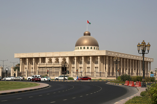 Tashkent, Uzbekistan: Administration of the President of the Republic of Uzbekistan - ('O‘zbekiston Respublikasi Prezidenti Administratsiyasi') - stone façade and central porch of the presidential headquarters on Independence Square - formerly used by Uzbekistan's Senate.