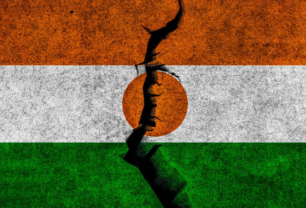 Niger flag on cracked wall background Niger crisis, political division, conflicts concept. niger state stock illustrations