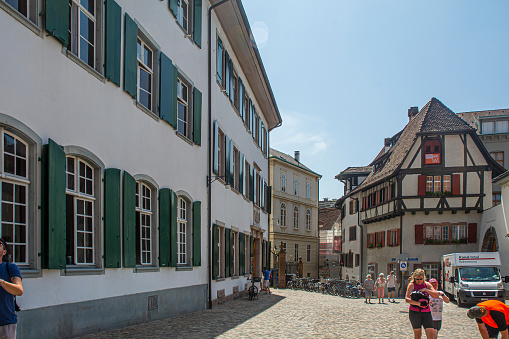 July 18, 2023, Basel, Switzerland, Architectural details of streets in the medieval city area, Basel, Switzerland