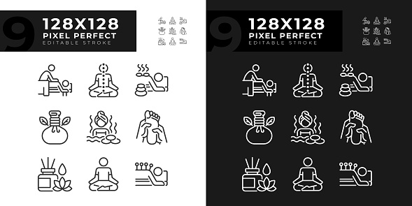 Pixel perfect icons set representing meditation, editable light and dark mode thin line wellness illustration.