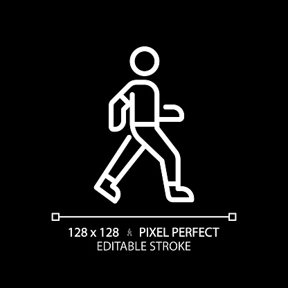 2D pixel perfect editable white walking icon, isolated vector, thin line illustration.