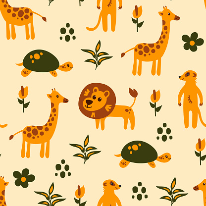 Adorable repeat vector illustration for kids with African lion, giraffe, tortoise, meerkat, dots and plants.