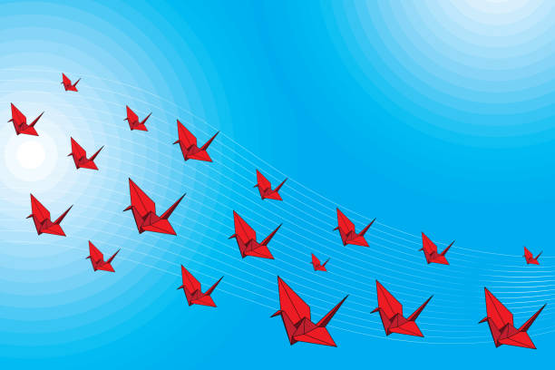 istock Illustration group of red origami bird flying with line and blue circle background. 1630947998