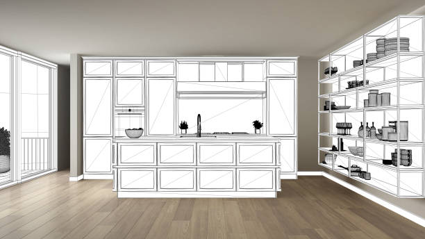 istock Blueprint project draft, sketch of classic kitchen with island and accessories, interior design concept idea, modern apartment with parquet floor, contemporary furniture idea 1630953475