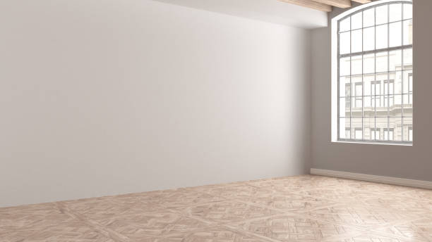 istock Empty room interior design, open space with big panoramic wooden arched windows, classic vintage parquet wooden floor, wooden roof beams, white walls, modern architecture idea 1630953953