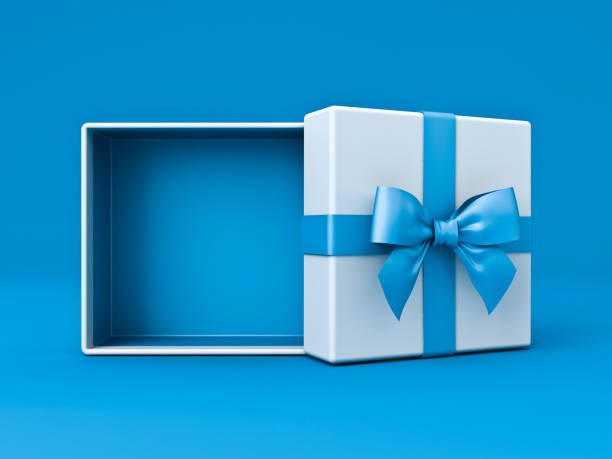 blank open white gift box with blue bottom inside or opened present box with blue ribbon and bow isolated on blue color background with shadow minimal concept 3d rendering - unwrapped imagens e fotografias de stock