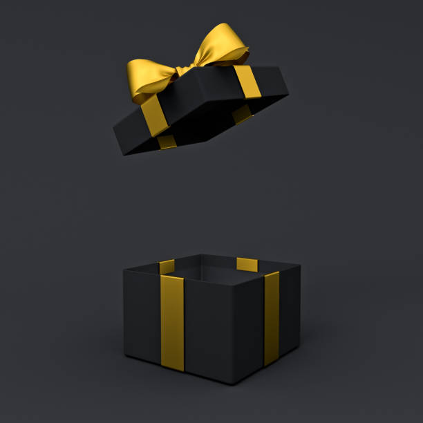 istock Blank open black gift box or opened black present box with gold ribbons and bow isolated on dark black background with shadow minimal black friday sale conceptual 3D rendering 1630960302