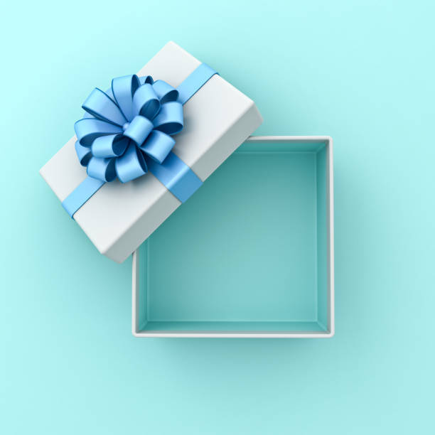 istock Blank open white gift box with cyan blue bottom inside or top view of opened present box with blue ribbon and bow isolated on light blue pastel color background minimal concepts 3D rendering 1630960873