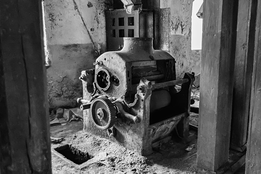 Vintage photograph of Bessemer converter in Crewe railway works, 19th Century. Bessemer process was the first inexpensive industrial process for the mass production of steel from molten pig iron