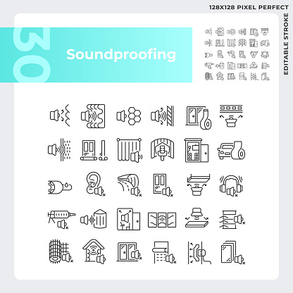 Pixel perfect black icons collection representing soundproofing, editable thin line illustration.