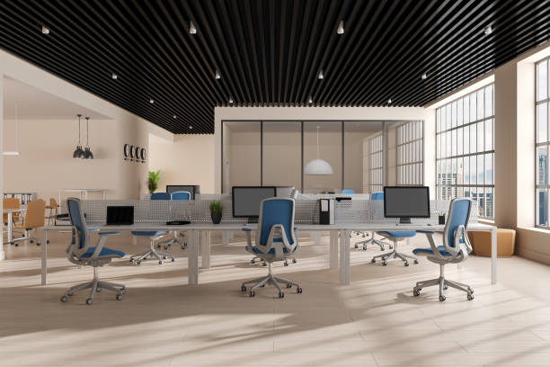 istock Cozy office room interior with work zone and conference room, panoramic window 1630962806