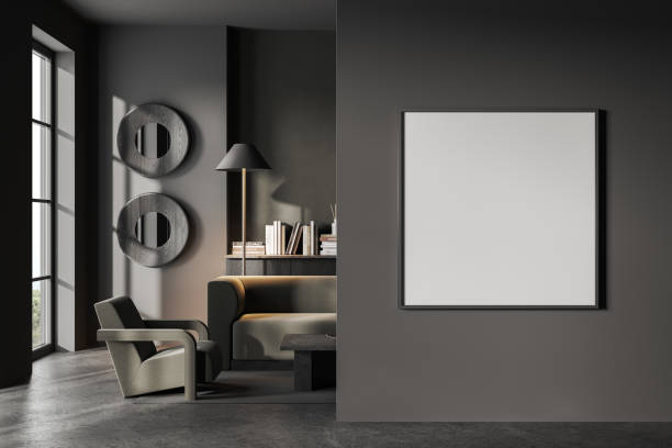 istock Grey living room interior and sideboard with decoration and window, mockup frame 1630964498