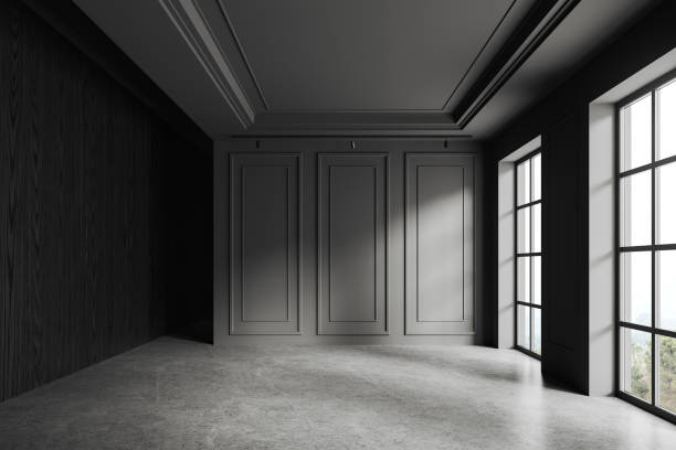 istock Grey hotel empty living room interior, panoramic window on countryside 1630974498