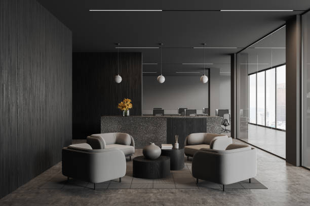 istock Grey reception interior with relax place and coworking with panoramic window 1630977013