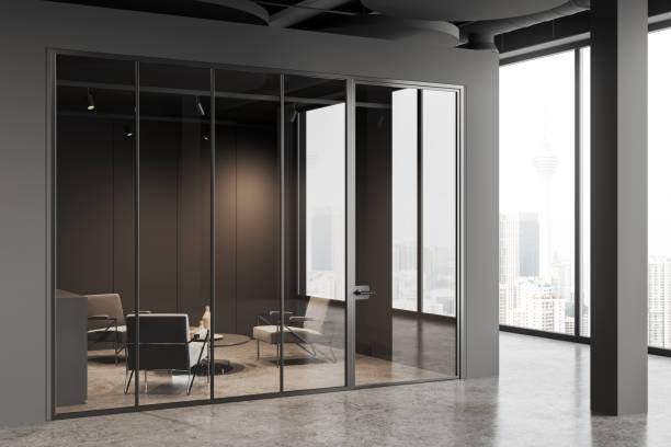 istock Gray and brown office waiting room interior 1630977578