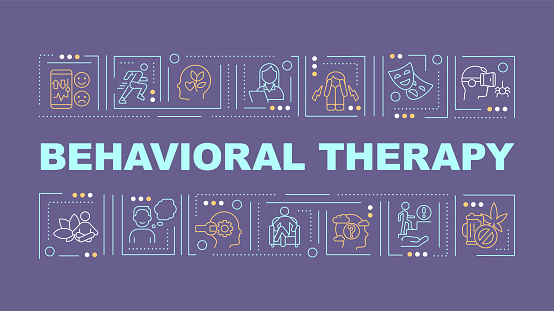 Behavioral therapy text with various thin line icons concept on dark purple background, editable 2D vector illustration.