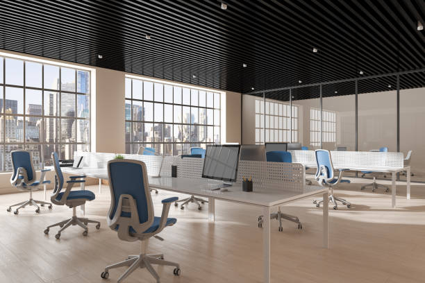 istock Modern office room interior with workplace and meeting room, panoramic window 1630981929