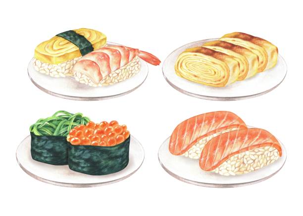 illustrations, cliparts, dessins animés et icônes de ensemble de plats japonais. illustration à l’aquarelle. sushi au saumon, oeuf, crevettes et gunkans au caviar, algues chuka. une assiette de nigiri. image clipart isolée sur fond blanc. paquet de nourriture asiatique - sushi nigiri white background red