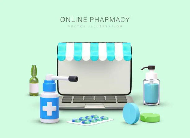 Vector illustration of Vector composition for online pharmacy. Open laptop with shop canopy, medicines in packaging