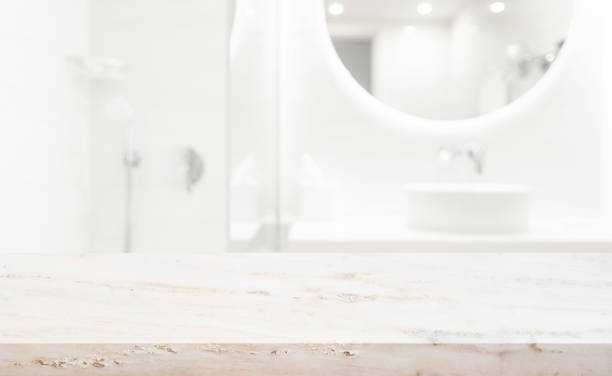 Table top for product display and blur bathroom as background