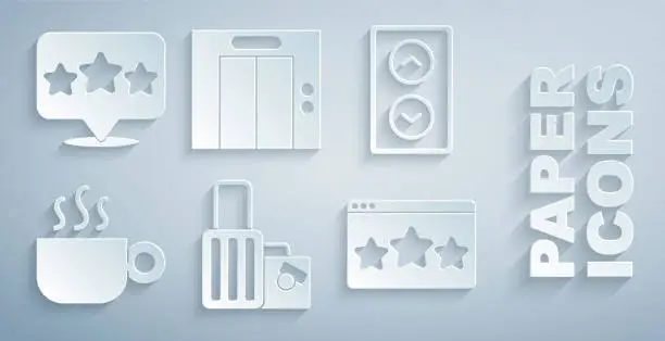 Vector illustration of Set Suitcase, Lift, Coffee cup, Five stars rating review, and icon. Vector