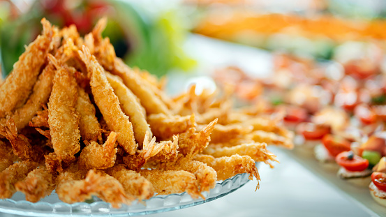 Fried shrimps at a outdoor party