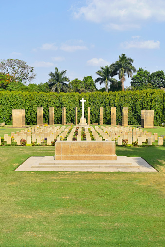 Vertical view of Kirkee War Cemetery, The KIRKEE MEMORIAL stands within the cemetery and commemorates more than 1,800 servicemen who died in India during the First World War, Pune, Maharashtra, India.