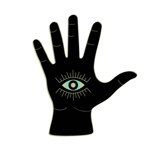 istock Hand-drawn black palm with golden evil eye. Vector illustration isolated on white background. 1631005638