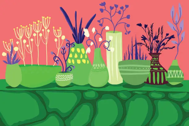 Vector illustration of Set of vases pots with plants
