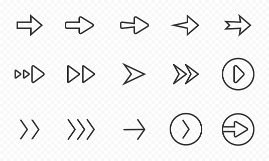 Website outline arrows button set icon. Next, scrolling, following, link, internet, online, social media, application, user, right, Web and Technology concept. Vector line art icon for Business and Advertising and for Design stock illustration.