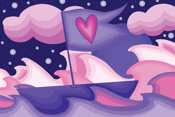 Vector illustration of Purple ship at sea