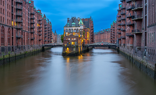 Speicherstadt Hamburg at night, Germany Hamburg downtown Speicherstadt