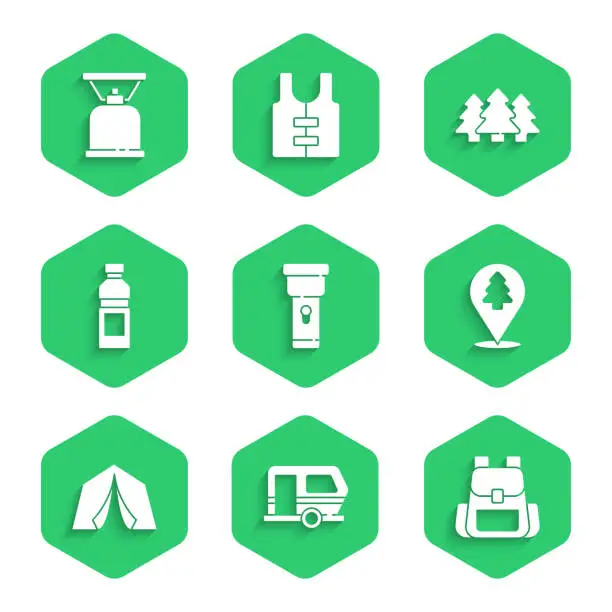 Vector illustration of Set Flashlight, Rv Camping trailer, Hiking backpack, Location of the forest, Tourist tent, Bottle water, Forest and gas stove icon. Vector