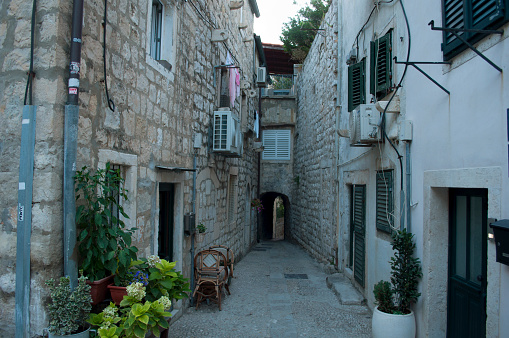 Medieval Alley with Traditional Stone Houses in Dubrovnik Old Town. Southern Croatia