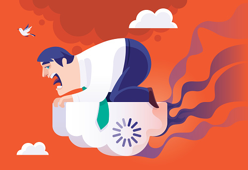 vector illustration of businessman screaming and holding cloud with loading icon