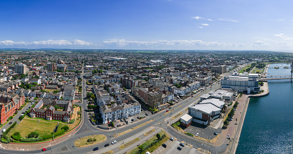 Southport, Merseyside, UK, June 21, 2023; Aerial view of the Town Centre, Promenade and Marine Lake in the afternoon sun Southport Merseyside