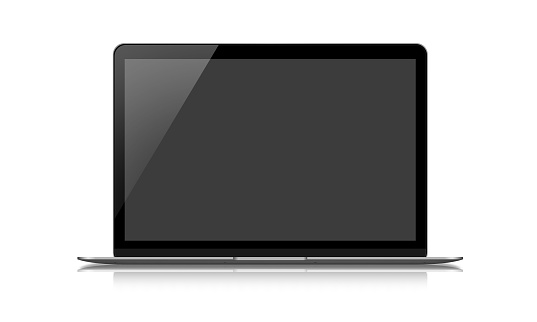 Open modern black and gray laptop with an empty black screen on a white background