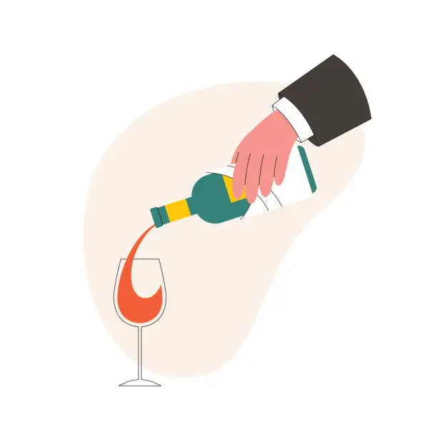 Vector illustration of Waiter pours wine into a wineglass