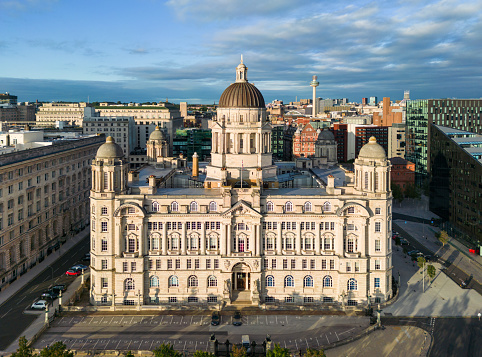 Liverpool, Merseyside, UK, August 9, 2023; Aerial view of the Port of Liverpool Building, Pier Head Waterfront in the late evening, Liverpool, Merseyside.