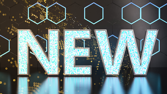 Neon New Sign with Futuristic Hexagonal Background. 3D Render