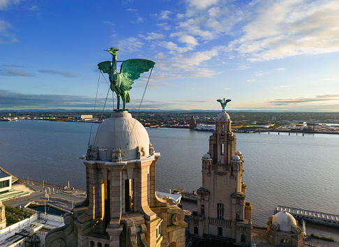 Liverpool, Merseyside, UK, August 9, 2023; Aerial close up view of a Liver Bird on the Royal Liver Building, Pier Head Waterfront on a Sunny Afternoon, Liverpool, Merseyside