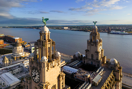 Liverpool, Merseyside, UK, August 9, 2023; Aerial view of the Royal Liver Building Liver Bird and Clock Tower, Pier Head Waterfront, Liverpool, Merseyside