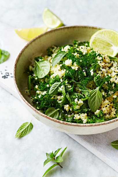 Bulgur-kale tabbouleh with herbs and lime-garlic dressing