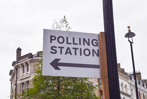 London, UK - May 2 2022: Polling station sign during elections.