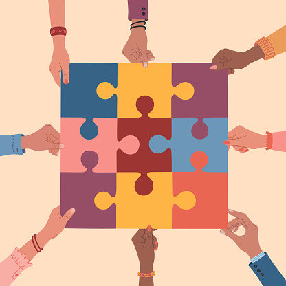 Diverse multicultural hands holds a pieces of puzzle. Business solution concept. Teamwork, communication, partnership. Hand drawn vector illustration isolated on light background, flat cartoon style.